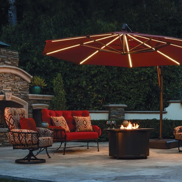 Patio Furniture Chairs and Tables and Umbrellas, outdoor fireplace